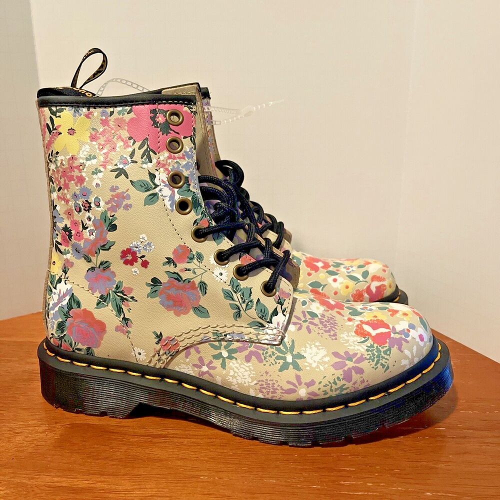 Dr Martens Floral Mash Up Backhand Leather Womens 6 Boots 1460‎ Parchment Beige - Picture 5 of 9